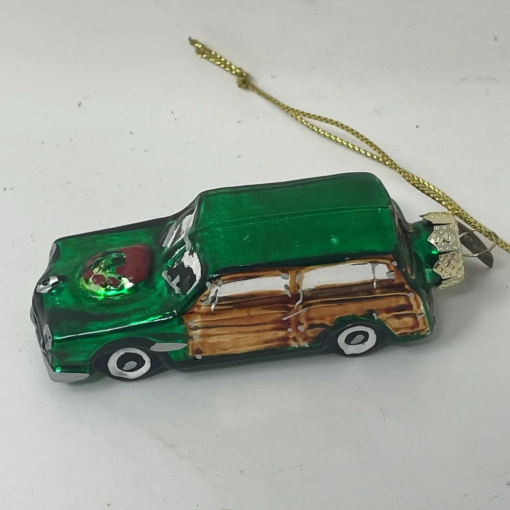 Thomas Pacconi Classics Green Woody Wagon Glass Christmas Ornament Vintage Car
